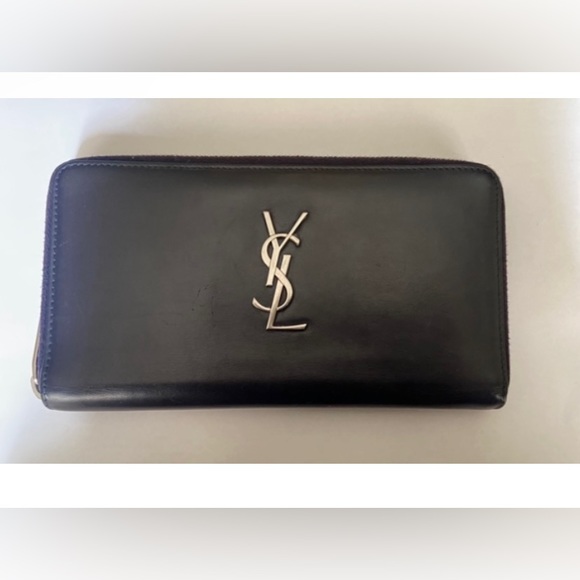 YSL SAINT LAUREN ❤️❤️ ZIP AROUND LONG WALLET BLACK WITH METAL HARDWARE YSL LOGO - Picture 2 of 15